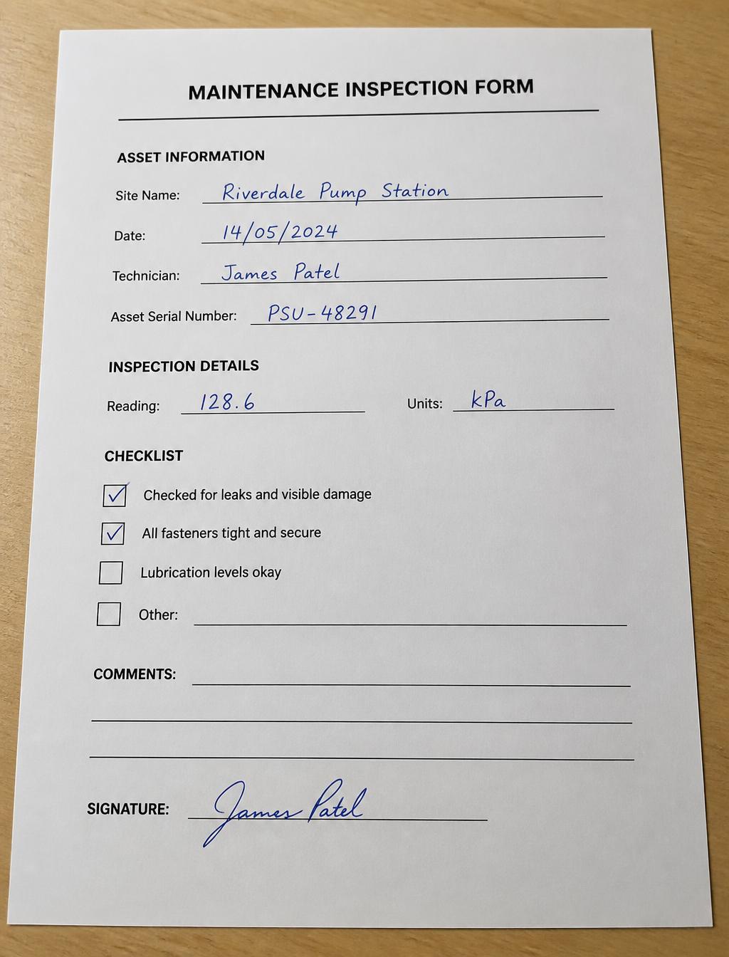 Photograph of a handwritten maintenance inspection form with each recognised value highlighted